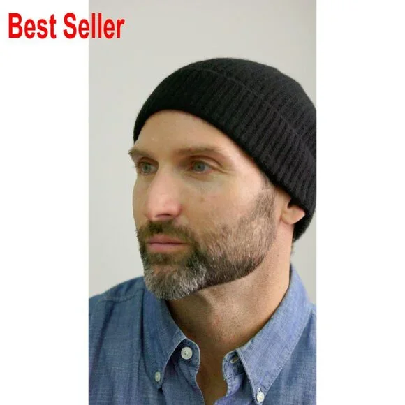 Men's 100% Pure Cashmere Ribbed Cuffed Hat Ultra Plush Classic